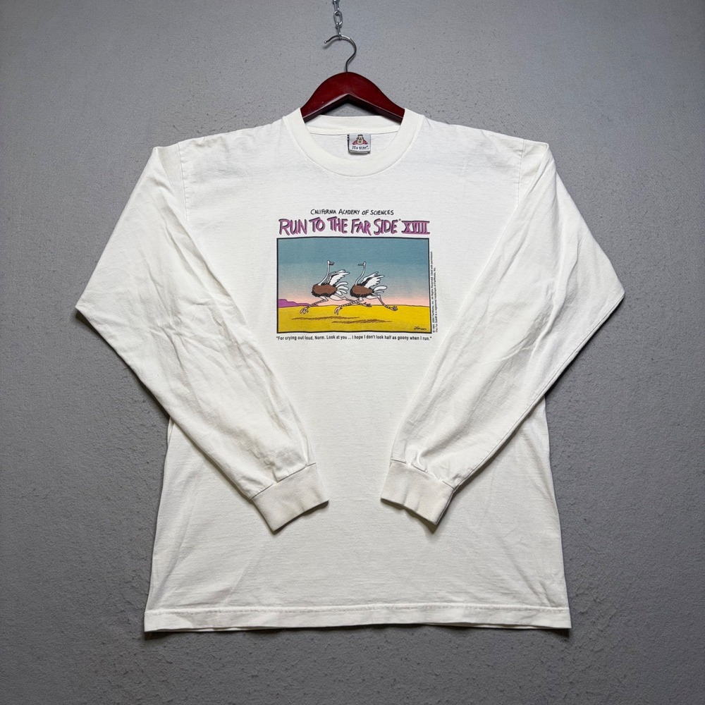The Far Side T-Shirt Mens Large White Run To The Far Side XVIII Ostrich Graphic